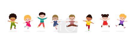 Ilustración de Niños felices saltando al aire libre Concepto, actividades para niños pequeños, niños jugando en el patio plano Divertido dibujo animado aislado en el vector de fondo blanco Ilustración - Imagen libre de derechos