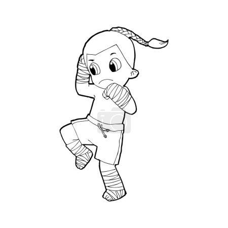 Téléchargez les illustrations : Muay Thai kick boxing, Thai boxing mignon enfant combattant action dessin animé vectoriel doodle illustration sur fond blanc - en licence libre de droit
