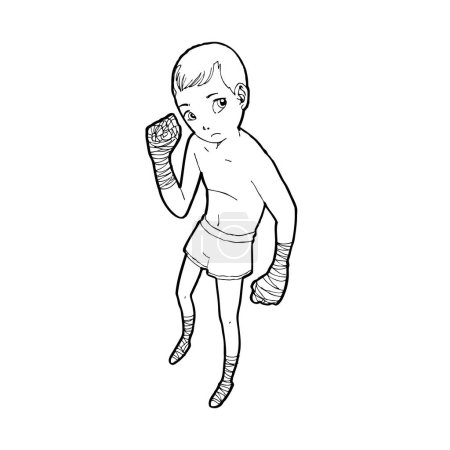 Téléchargez les illustrations : Muay Thai kick boxing, Thai boxing mignon enfant combattant action dessin animé vectoriel doodle illustration sur fond blanc - en licence libre de droit