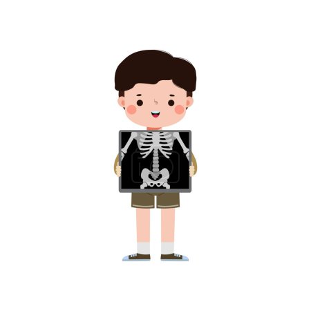 süße Karikatur asiatisches Kind mit Röntgenbildschirm, der innere Organe und Skelett zeigt. Röntgenkontrolle Knochen Kind, Element der pädagogischen Infografik für Kind Vektor-Illustration isoliert auf weißem Hintergrund