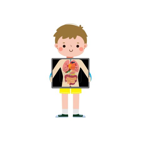 Netter Cartoon europäisches Kind mit Röntgenbildschirm, der innere Organe und Skelett zeigt. Röntgenkontrolle Knochen Kind, Element der Infografik für Kind Vektor-Illustration isoliert auf weißem Hintergrund