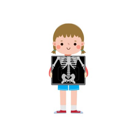 Netter Cartoon europäisches Kind mit Röntgenbildschirm, der innere Organe und Skelett zeigt. Röntgenkontrolle Knochen Kind, Element der Infografik für Kind Vektor-Illustration isoliert auf weißem Hintergrund