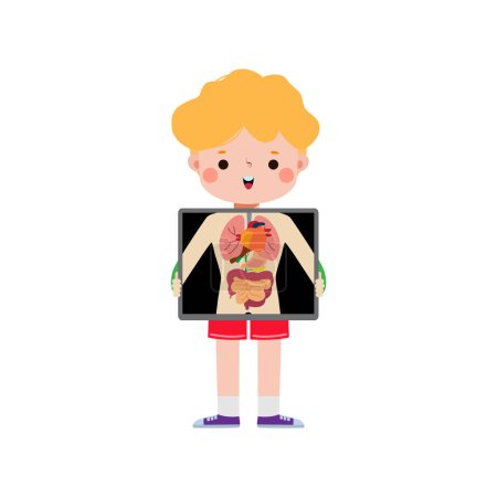 süße Karikatur amerikanisches Kind mit Röntgenbildschirm, der innere Organe und Skelett zeigt. Röntgenkontrolle Knochen Kind, Element der Infografik für Kind Vektor-Illustration isoliert auf weißem Hintergrund