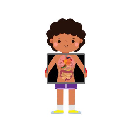 süße Karikatur afrikanisch-amerikanisches Kind mit Röntgenbild, das innere Organe und Skelett zeigt. Röntgenkontrolle Knochen Kind, Element der Infografik für Kind Vektor-Illustration isoliert auf weißem Hintergrund