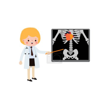 süße Karikatur amerikanische Doktorin mit Röntgenbildschirm, der innere Organe und Skelett zeigt. x ray check bones infographics Vektorillustration isoliert auf weißem Hintergrund