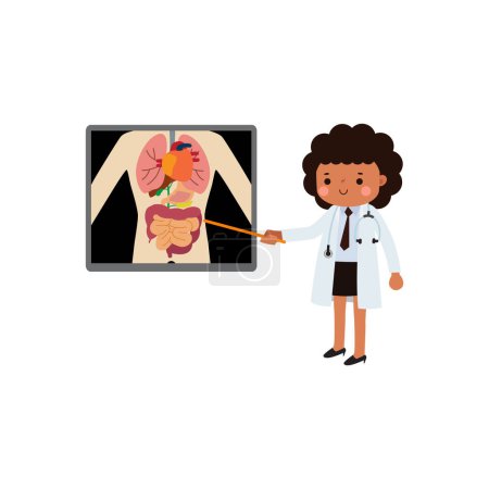 süße Karikatur afrikanisch amerikanische Doktorin mit Röntgenbildschirm, der innere Organe und Skelett zeigt. x ray check bones infographics Vektorillustration isoliert auf weißem Hintergrund