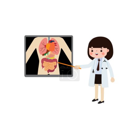niedliche Karikatur asiatische Doktorin mit Röntgenbildschirm, der innere Organe und Skelett zeigt. x ray check bones infographics Vektorillustration isoliert auf weißem Hintergrund
