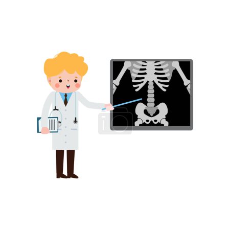 süße Karikatur amerikanischer Arzt mit Röntgenbildschirm, der innere Organe und Skelett zeigt. x ray check bones infographics Vektorillustration isoliert auf weißem Hintergrund