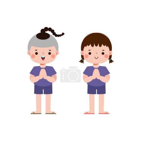 Illustration for Cute kids thai Traditional greeting sawasdee welcome to Thailand Traditional Happy thai new year Vector Illustration template Thailand travel concept on white background - Royalty Free Image