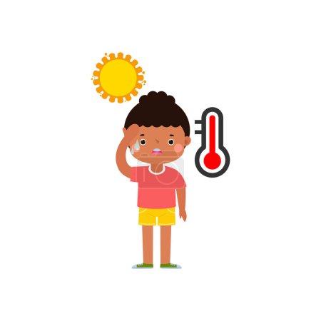 kid with summer Heatstroke, cute cartoon character flat style vector illustration on white background