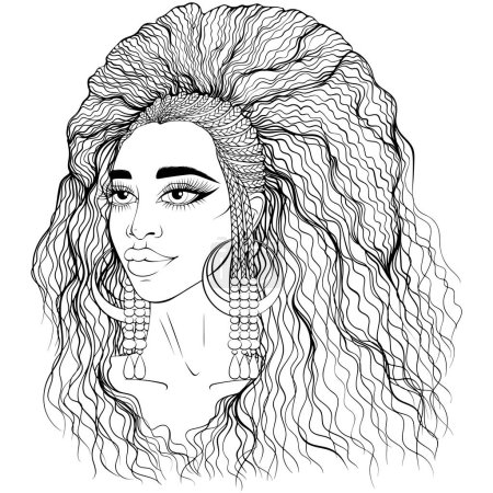 Portrait of African American girl with long hair. Afro hairstyle with braids. Vector illustrations in hand drawn sketch doodle style isolated. Coloring book page. Design for hair salons, fashion