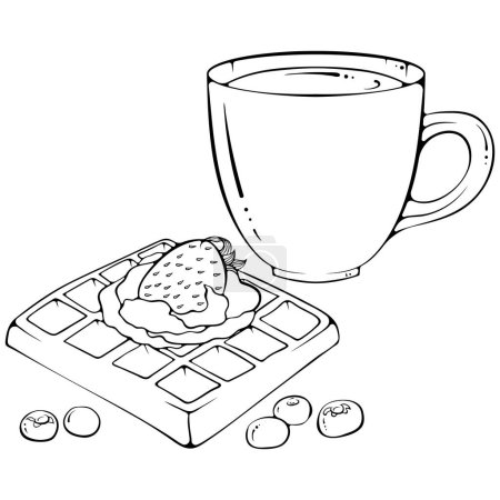 Illustration for Cup of coffee or tea with waffles. Vector illustrations in hand drawn sketch style isolated on white. Classic breakfast. Drink and sweets for coloring book, menu, cafes, recipes, bakery, confectionery - Royalty Free Image