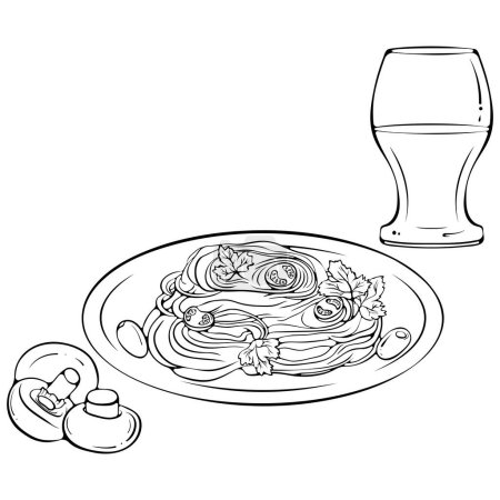 Illustration for Still life with pasta on a plate and drink. Vector illustrations in hand drawn sketch doodle style. Line art healthly food isolated on white. Element for coloring book, design, print. - Royalty Free Image