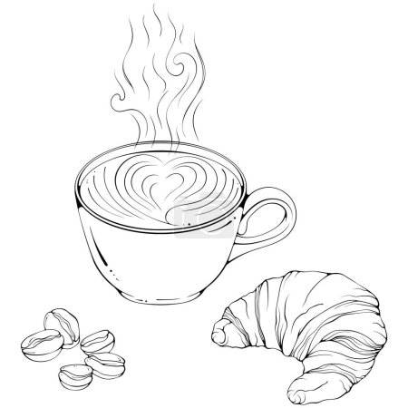 Illustration for Cup of coffee cappuccino with croissant and coffee beans. Vector illustration in hand drawn sketch doodle style. Line art close up beverage isolated on white. Still life classic french breakfast - Royalty Free Image