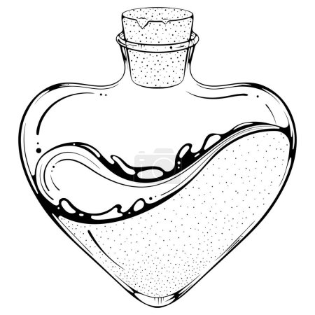 Ilustración de Vial en forma de corazón con poción líquida o de amor. Botella para veneno o alquimia con corcho. Ilustraciones vectoriales en estilo boceto dibujado a mano aislado en blanco. Gráficos de contorno negro para imprimir, tatuaje - Imagen libre de derechos