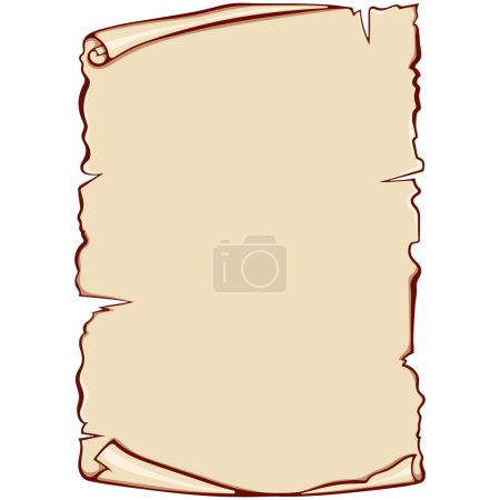 Vertical scroll unrolled old papyrus. Ancient scroll with copyspace. Vector illustrations in color cartoon style isolated on white. Design for print. Banner parchment with space for text
