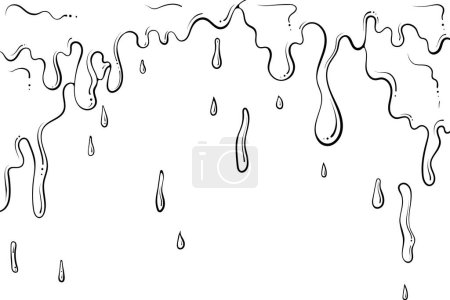Dripping outline liquid, wax, honey, slime, paint. Melted chocolate or oil. Vector illustration in hand drawn sketch doodle style. Black line art graphics isolated on white