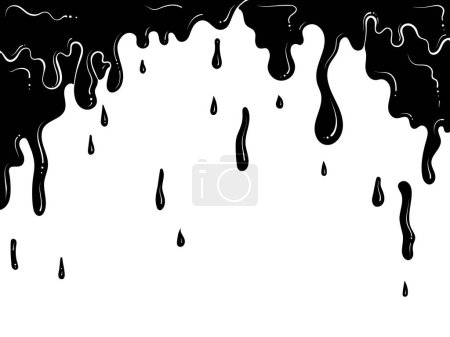 Dripping flowing silhouette liquid, wax, honey, slime, paint. Melted chocolate or oil. Vector illustration in hand drawn style. Black graphics isolated on white, Drops splash background
