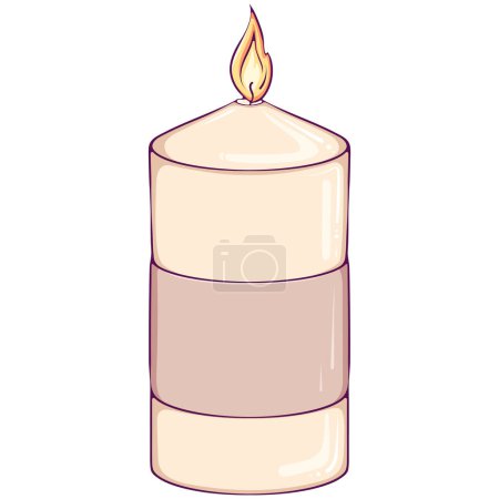 Burning pillar candle. Spa aromatherapy candle. Vector color illustrations in hand drawn style isolated on white. Close up aromatherapy simple design element with flame for cozy home