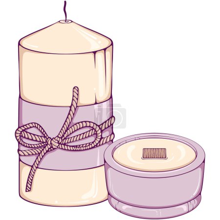 Handgemachte Säulenkerze mit Seil und Kerze in einem Glasgefäß gebunden. Spa Aromatherapie Kerze. Schließen Sie einfache Design-Element. Vektorfarbige Illustrationen im handgezeichneten Cartoon-Stil isoliert auf Weiß