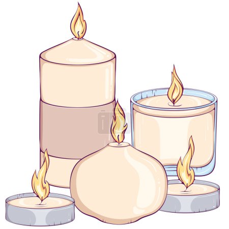 Still life of different candles. Round, pillar, in glass, tea candles. Spa aromatherapy candle. Simple design element. Vector color illustrations in cartoon hand drawn style isolated on white