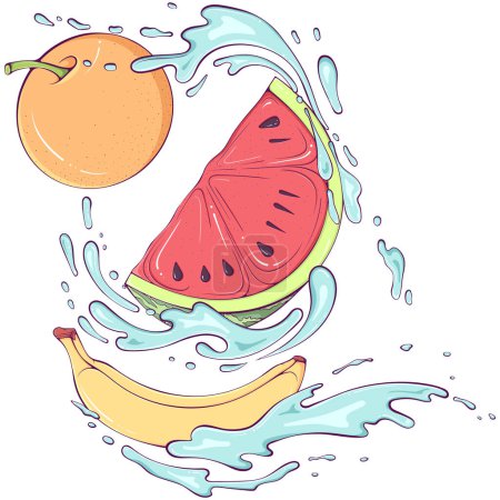Fliegende Früchte mit Wasserspritzern. Apfel, Banane, Wassermelone. Flüssige Tropfen. Vektorillustration im handgezeichneten Cartoon-Stil. Stillleben mit Ökofrüchten isoliert auf weiß
