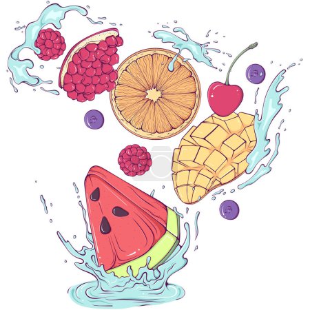 Volar varias frutas cortadas con agua salpicada. Gotas líquidas. Ilustración vectorial en estilo dibujado a mano. Bodegón eco frutas aisladas en blanco