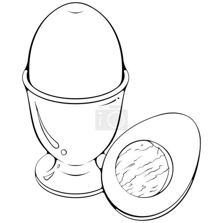 Whole egg on a stand and half. Boiled chicken egg in cup close-up. Vector illustration in hand drawn sketch doodle style. Line art food product graphic isolated on white. Design for coloring book