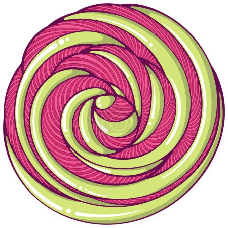 Pink green lollipop, meringue or whipped cream top side view. Decorative striped spiral. Vector illustration of dessert in cartoon flat style isolated on white.