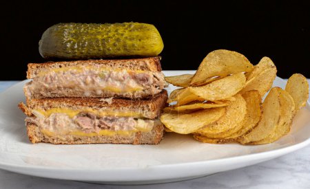 Photo for Tuna melt sandwich  top with a pickle served with a side  of fries, - Royalty Free Image
