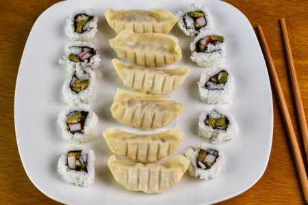 california roll derved with chicken dumplings