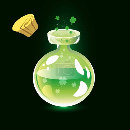 Ilustración de Una botella de una poción de fortuna verde con un corcho de trébol - Imagen libre de derechos