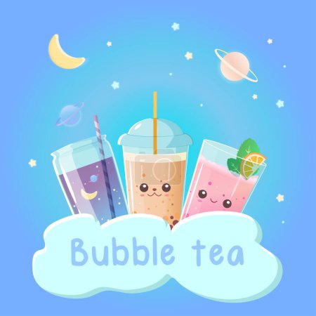 Illustration for Set of bubble tea milk, fruit, on the background of the sky. Menu. Banner, poster.  Vector illustration. - Royalty Free Image
