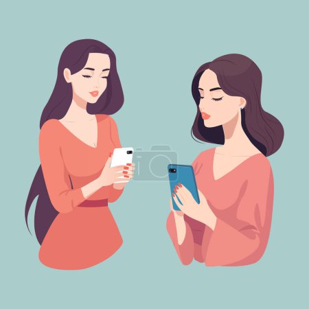 Téléchargez les illustrations : Set girl tenant un téléphone, regardant une illustration vectorielle smartphone - en licence libre de droit