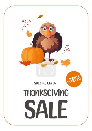 Thanksgiving sale flyer set on white background. Turkey, autumn leaves, apple trees, berries. A4 vector illustration for poster, banner, special offer. Vector illustration.