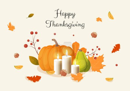Illustration for Thanksgiving card. pumpkin, autumn leaves, berries. on black background .Vector illustration - Royalty Free Image