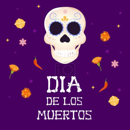 Illustration for Day of the dead postcard. skull and flor de muerto,bread of the dead .Dia de los muertos vector illustration - Royalty Free Image