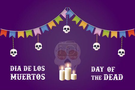 Illustration for Day of the dead postcard. skull and candles , bread of the dead .Dia de los muertos vector illustration - Royalty Free Image
