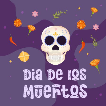 Illustration for Day of the dead postcard. skull and flor de muerto,bread of the dead .Dia de los muertos vector illustration - Royalty Free Image