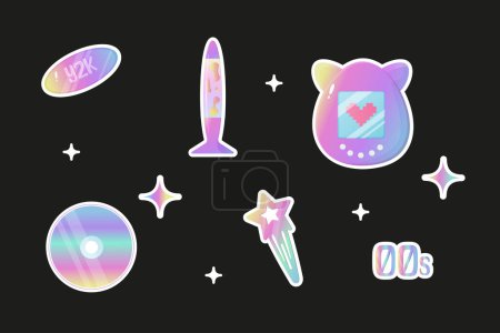 Illustration for Set clipart nostalgia y2k 00s, 90s, disk, tomagotchi, lava lamp, hairpin, vector illustration holographic neon stickers set - Royalty Free Image
