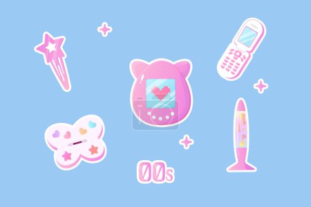 Illustration for Set clipart nostalgia y2k 00s, 90s, disk, tomagotchi, lava lamp, hairpin, vector illustration holographic neon stickers set shadow palette stickers - Royalty Free Image