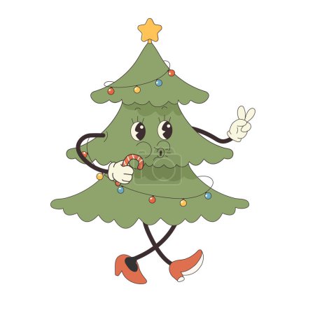 Illustration for Groovy xmas tree hippie, character pacing. New Years Vector illustration - Royalty Free Image