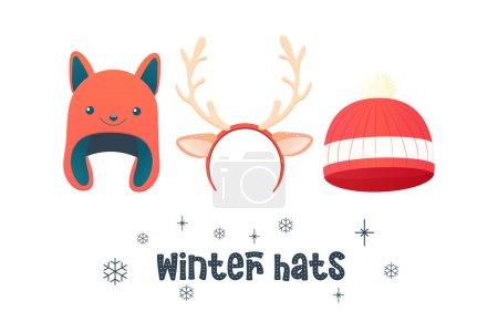 Téléchargez les illustrations : Chapeaux d'hiver, cornes d'accessoires, chapeaux en forme de renard, pour enfants. illustration vectorielle - en licence libre de droit
