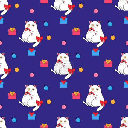 Illustration for Cat with candy christmas christmas new year. In psychedelic groovy style. Seamless pattern on fabric, wrapping paper, bedding, clothing. - Royalty Free Image