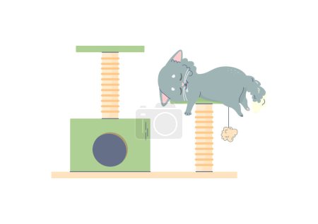Téléchargez les illustrations : Chaton gris mignon dormant sur un arbre à chat, maison de chat, illustration vectorielle sur fond blanc - en licence libre de droit