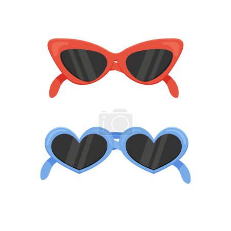 Ilustración de Gafas de mujer en forma de ojo de gato, y azul con corazones. vector aislado sobre fondo blanco - Imagen libre de derechos