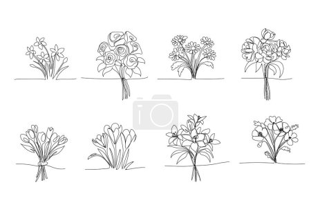 Ilustración de Arte de línea, ramo de flores, dibujo de una sola línea. línea negra, tulipanes, narcisos, rosas. Primavera flores vector ilustración - Imagen libre de derechos
