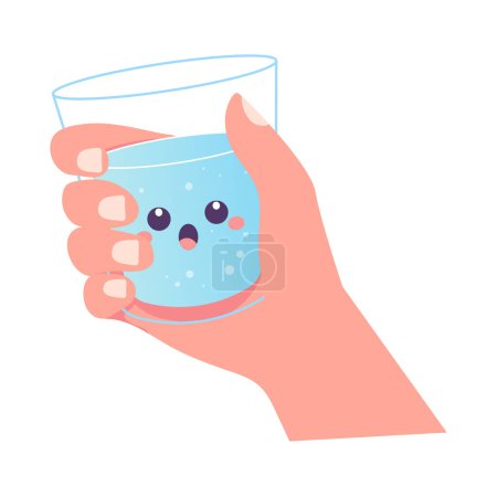 hand holding a glass of water character, h2o, for drinking soda vector 