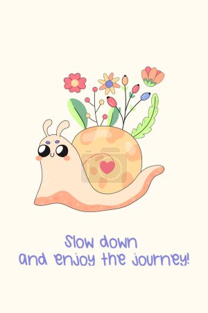 Illustration for A cute postcard to a friend on a trip, with cute insects. snail,  funny inscription. - Royalty Free Image