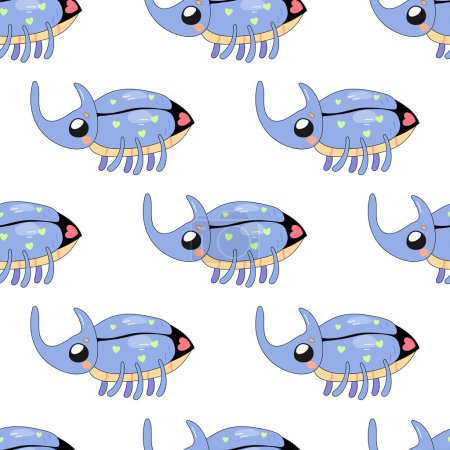 Seamless pattern, cute rhinoceros beetle, cartoon, baby. on white background for fabric, wrapping 